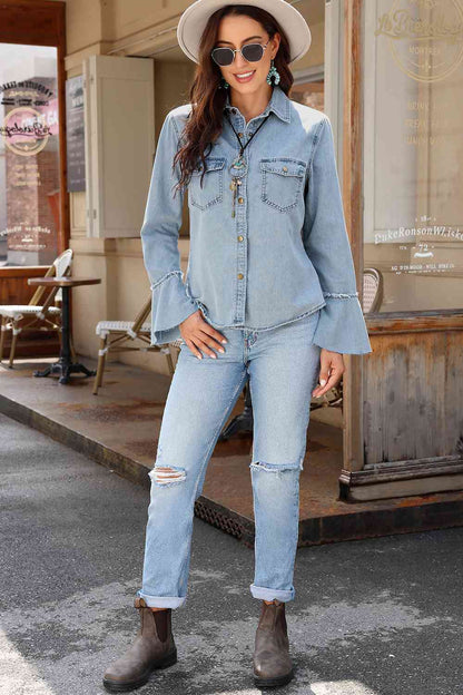 The Dolly Button Front Flare Sleeve Denim Top