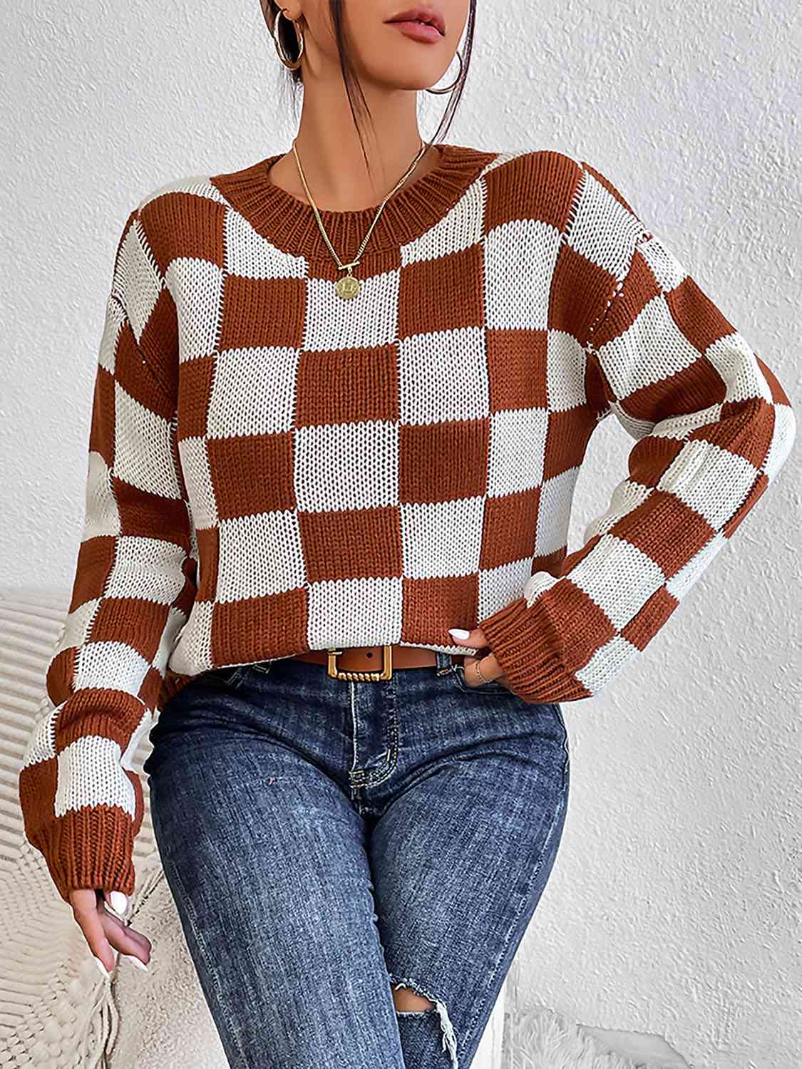 The Bailey Checkered Round Neck Sweater