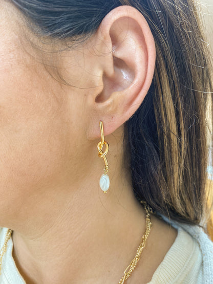 Gold Knot Pearl Drop Earrings