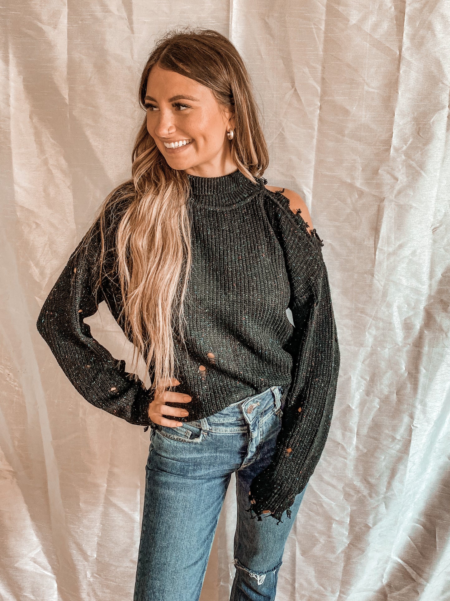 The Avril Distressed Cold Shoulder Sweater